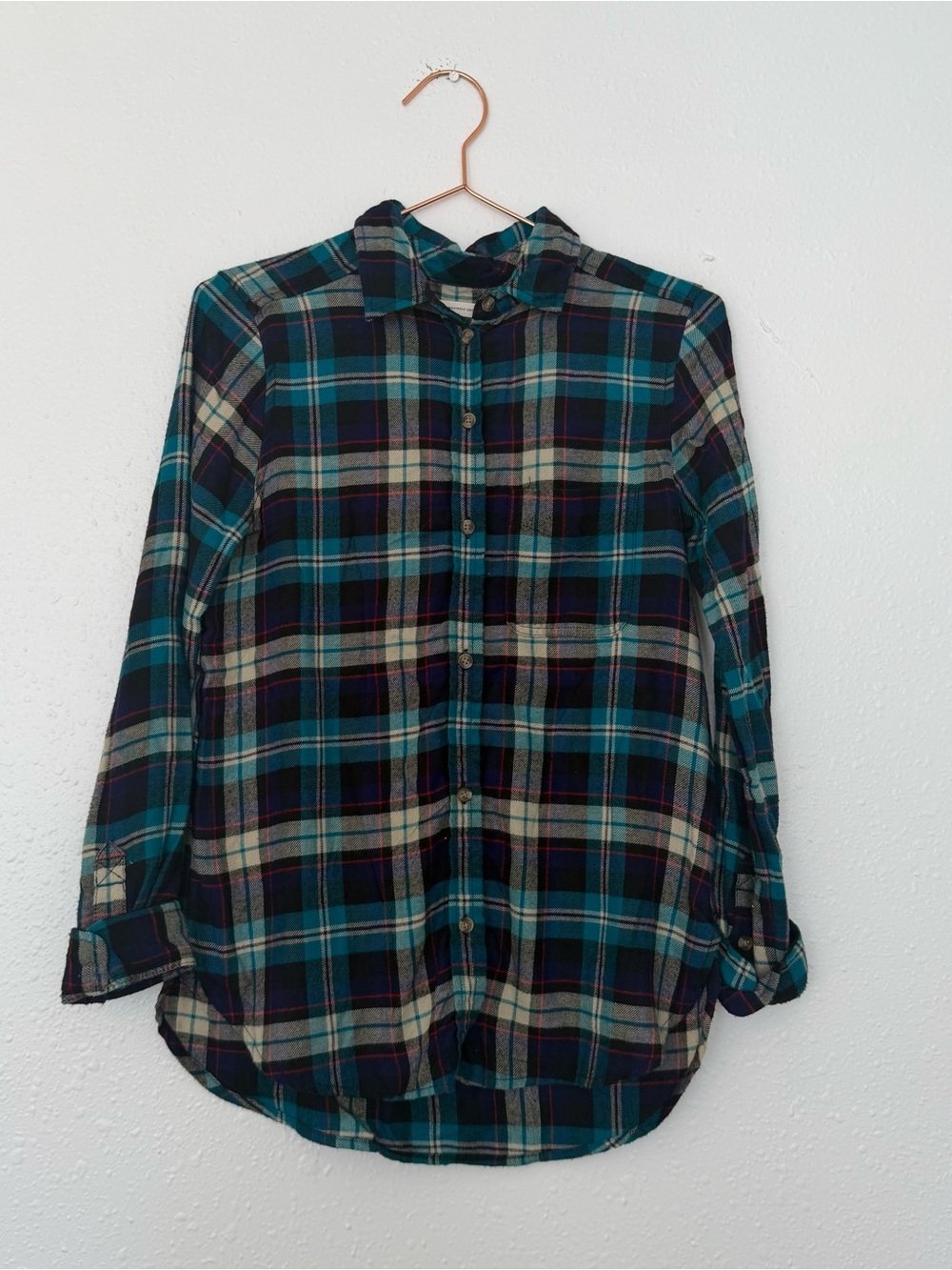 American Eagle Outfitters Teal and Navy Plaid Button-Down Shirt